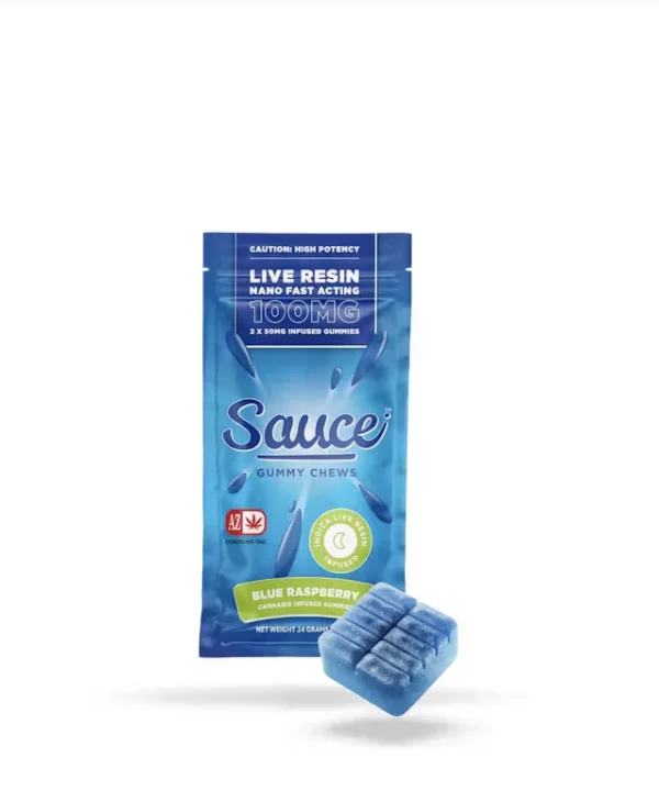 Sauce Essentials Gummy Chews Blue Raspberry – 100MG Live Resin Infused Edibles (Indica)