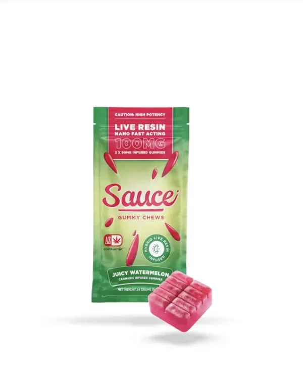 Sauce Essentials Gummy Chews Juicy Watermelon – 100MG Live Resin Infused Edibles (Hybrid)