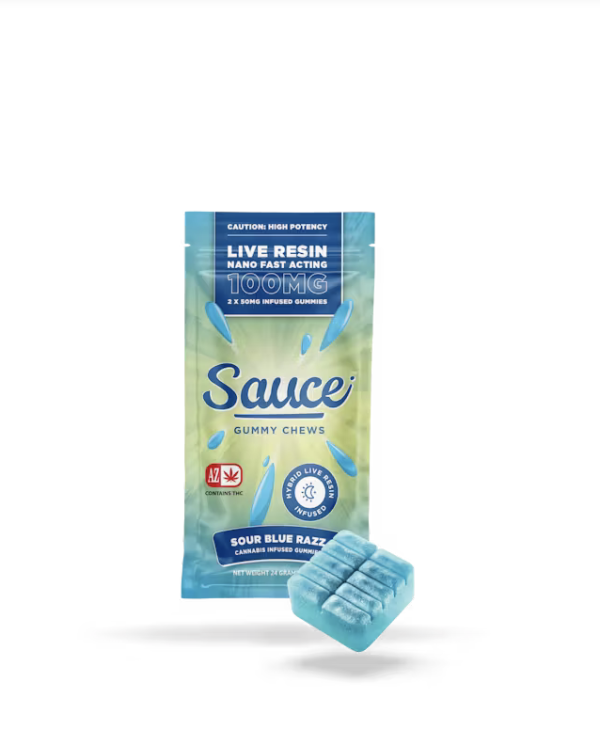 Sauce Essentials Gummy Chews Sour Blue Razz – 100MG Live Resin Infused Edibles (Hybrid)
