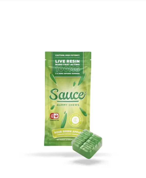Sauce Essentials Gummy Chews Sour Green Apple – 100MG Live Resin Infused Edibles (Indica)